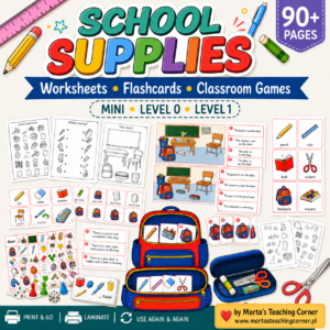 School Supplies – Worksheets, Flashcards & Classroom Games | MINI, Level 0 & Level 1