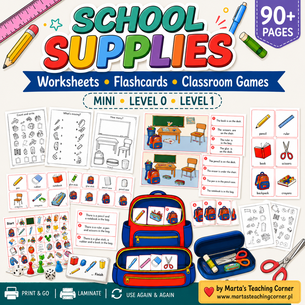 School Supplies – Worksheets, Flashcards & Classroom Games | MINI, Level 0 & Level 1