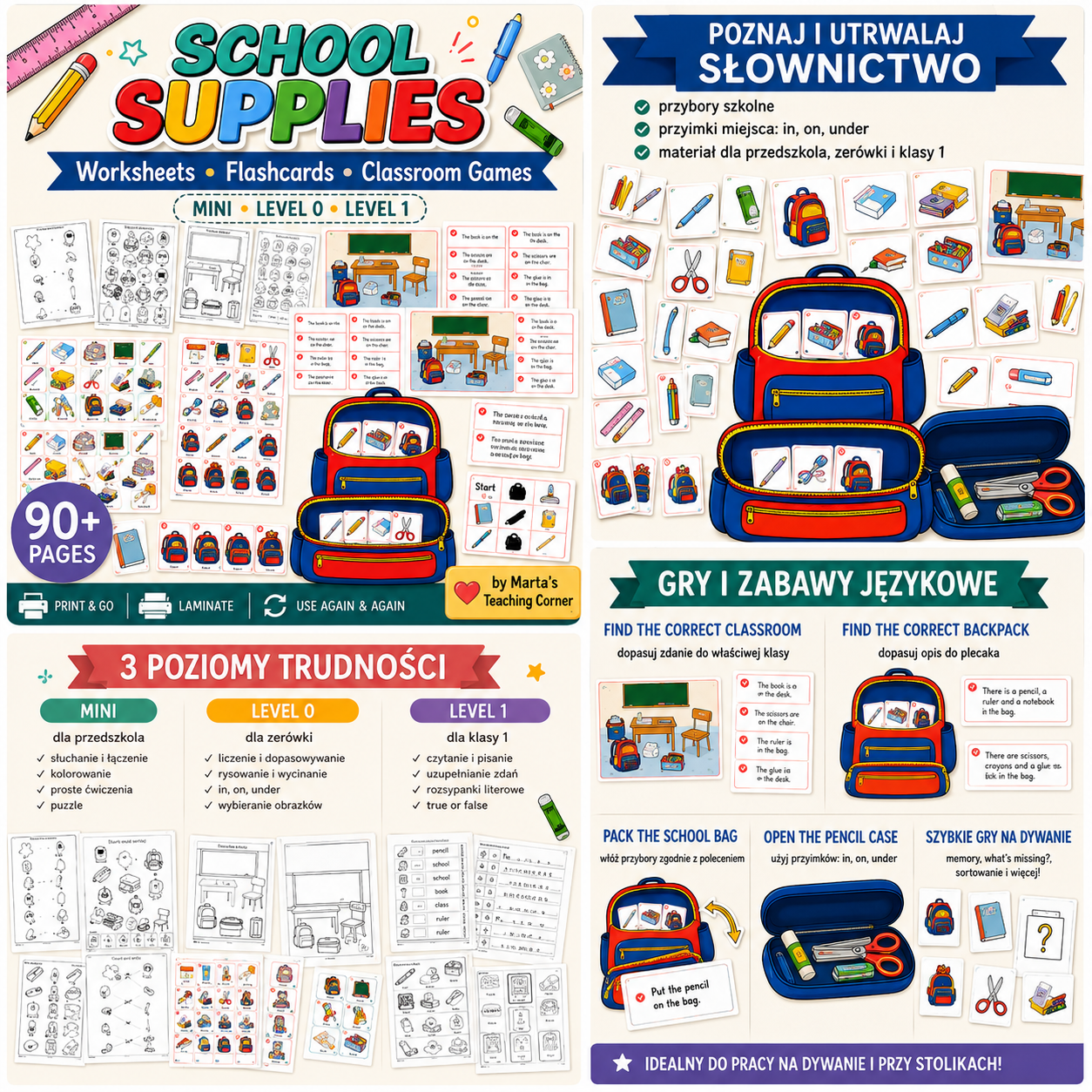 School Supplies – Worksheets, Flashcards & Classroom Games | MINI, Level 0 & Level 1 - obrazek 2